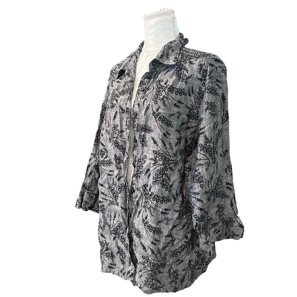 JM Collection Gray Linen Black Embroidered Floral Button Shirt Cottagecore 18W - Picture 15 of 16